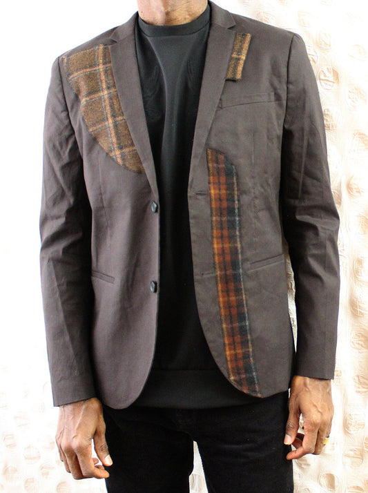 Blazer, Jacket, Brown linen and cotton, with wool plaid appliques, repurposed, one of a kind. Designed by Wendel Johnston.