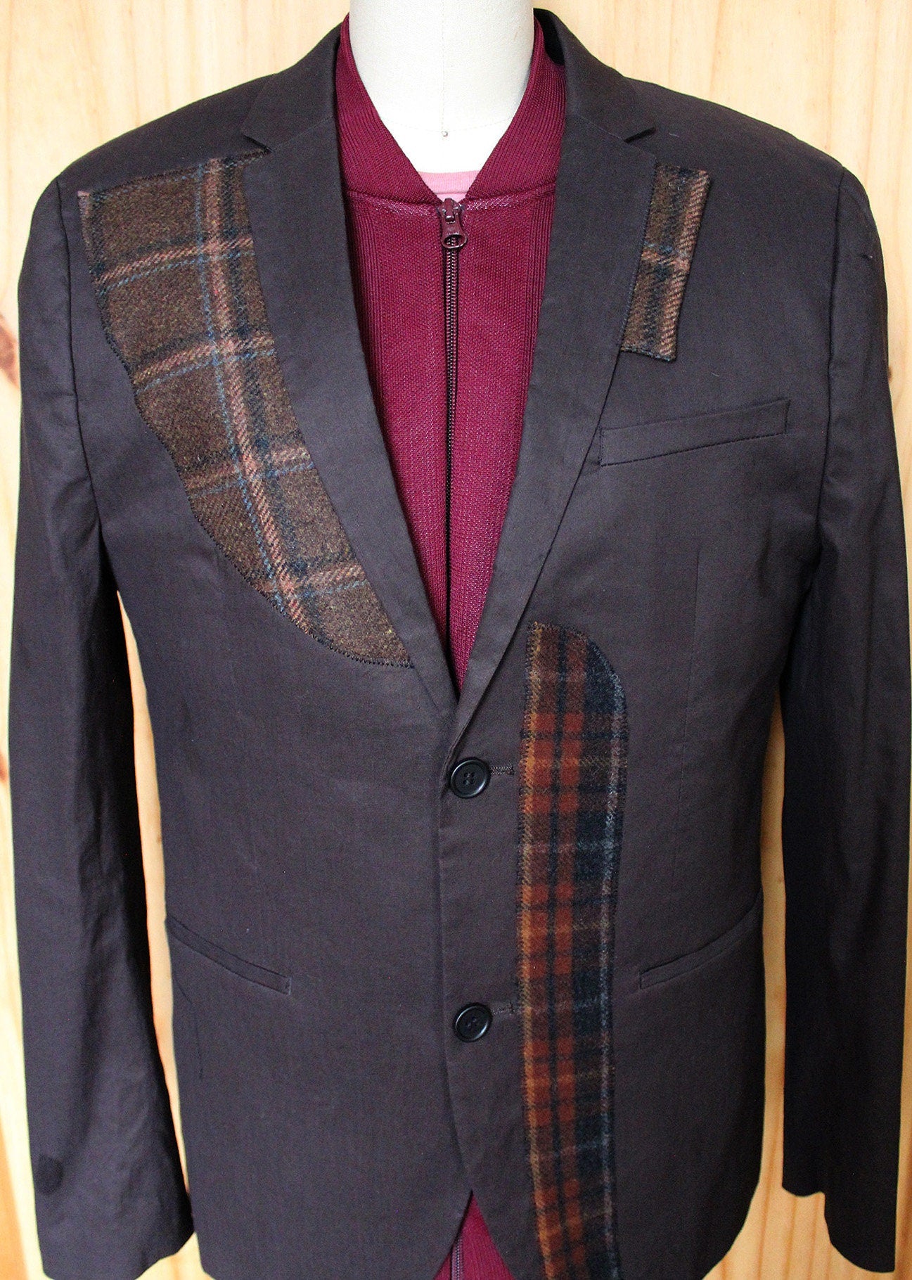 Blazer, Jacket, Brown linen and cotton, with wool plaid appliques, repurposed, one of a kind. Designed by Wendel Johnston.