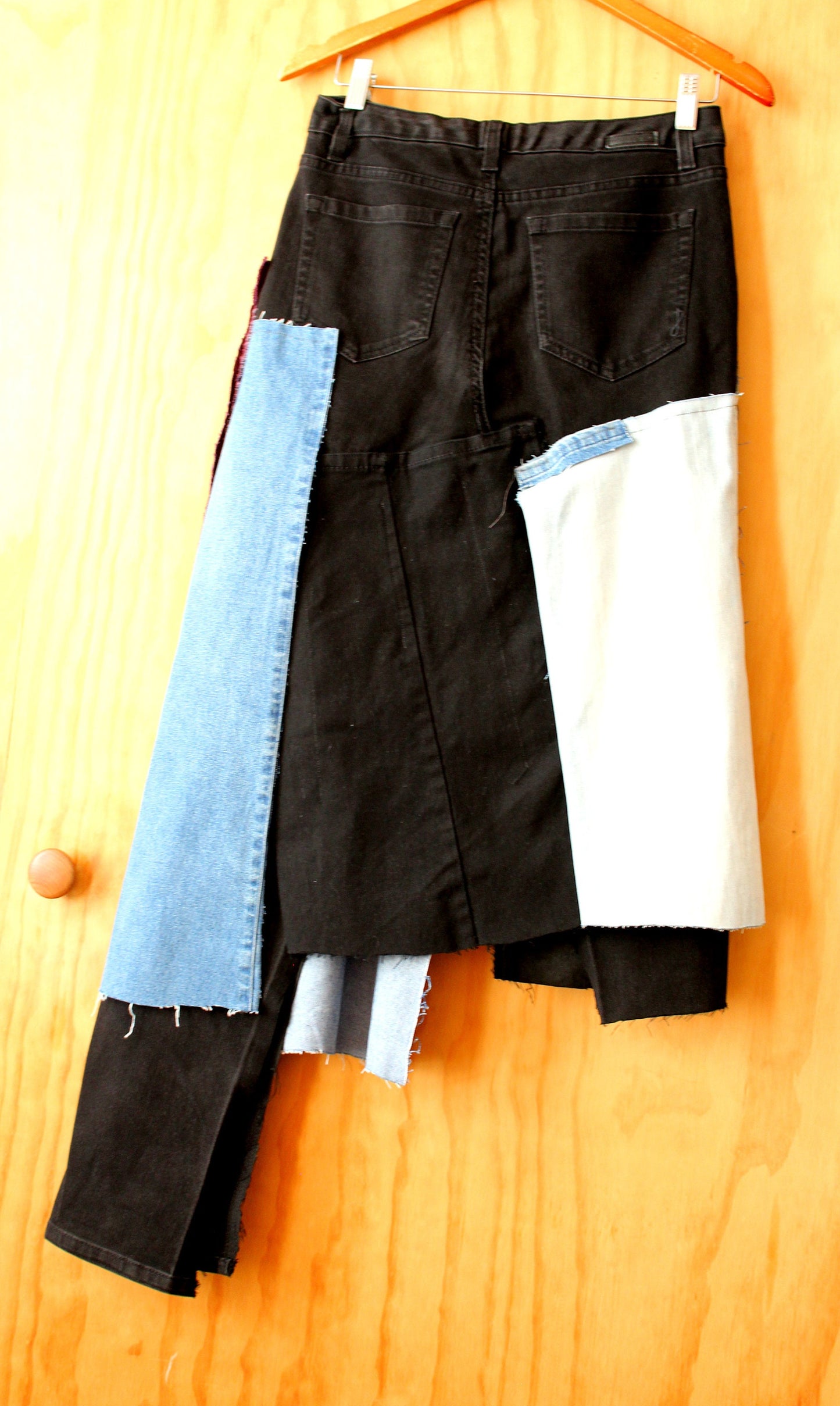 Black denim patch upcycle denim slight stretch skirt/ waist 28-31/ hip 37-40/ length 30" and long side 40"/ streetwear chic one of a kind