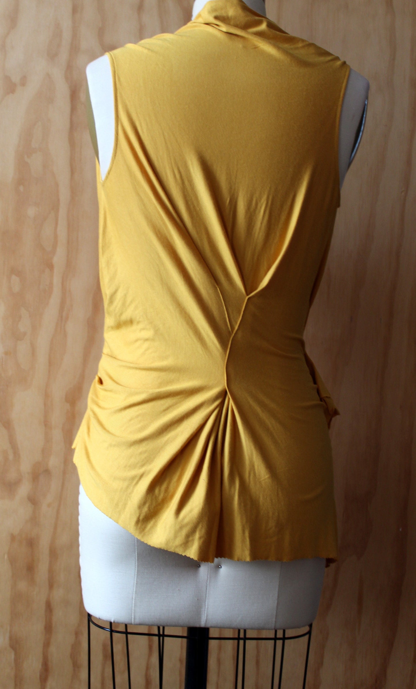 Mustard yellow with ruching and cowl neck/ side drape back with stitch detail / raw edge/color may not be available' inquire/ free shipping