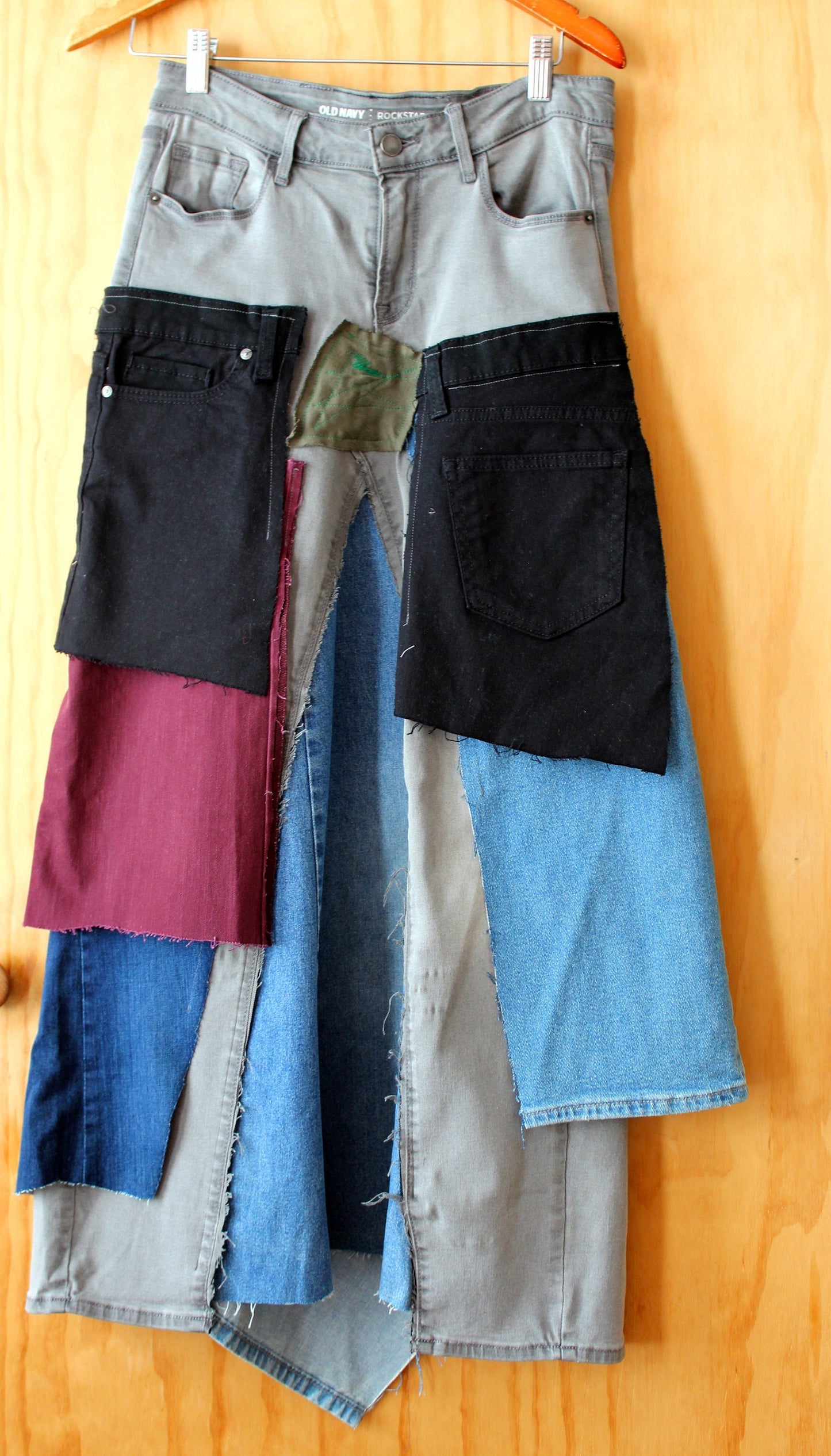 Layered patch denim slight stretch skirt/ waist 29-32/ hip 40-44/ length 39"/ streetwear chic one of a kind/ready to ship/ one of a kind