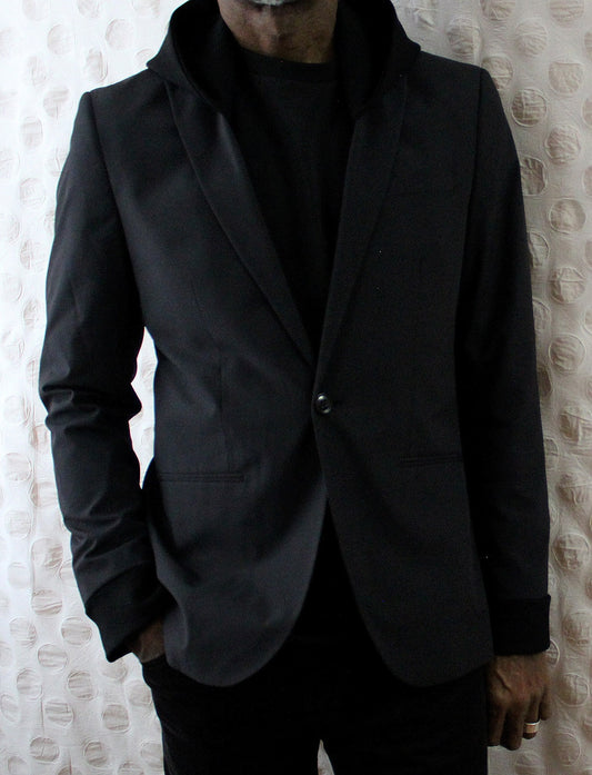 Jacket, Black viscose Hooded Blazer with knitted cuffs repurposed, one of a kind. Designed, tailored by Wendel Johnston.