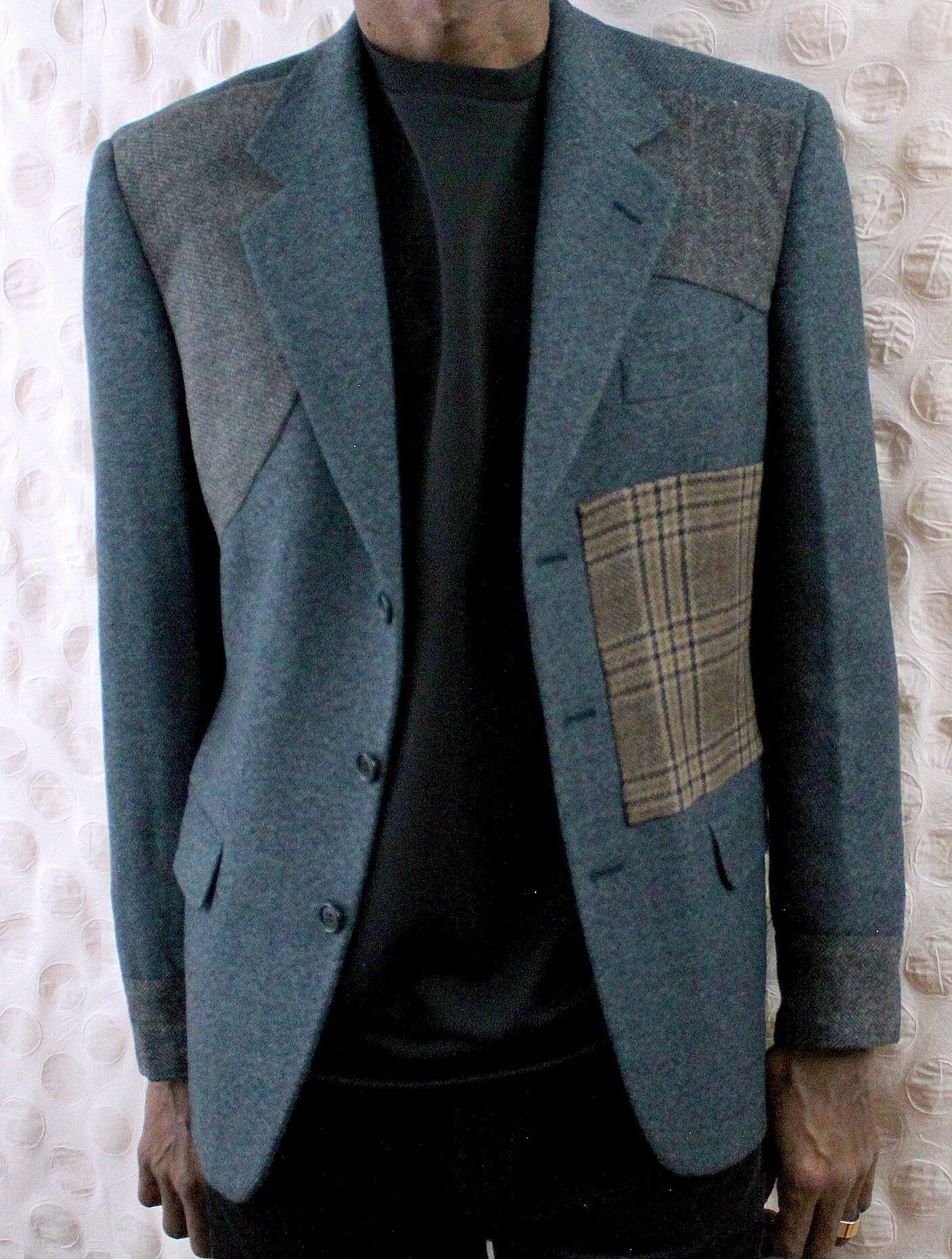 Cashmere Blazer, Men's pale blue wool jacket with cuffs, with applique, repurposed, one of a kind. All wool. Designer/tailor Wendel Johnston