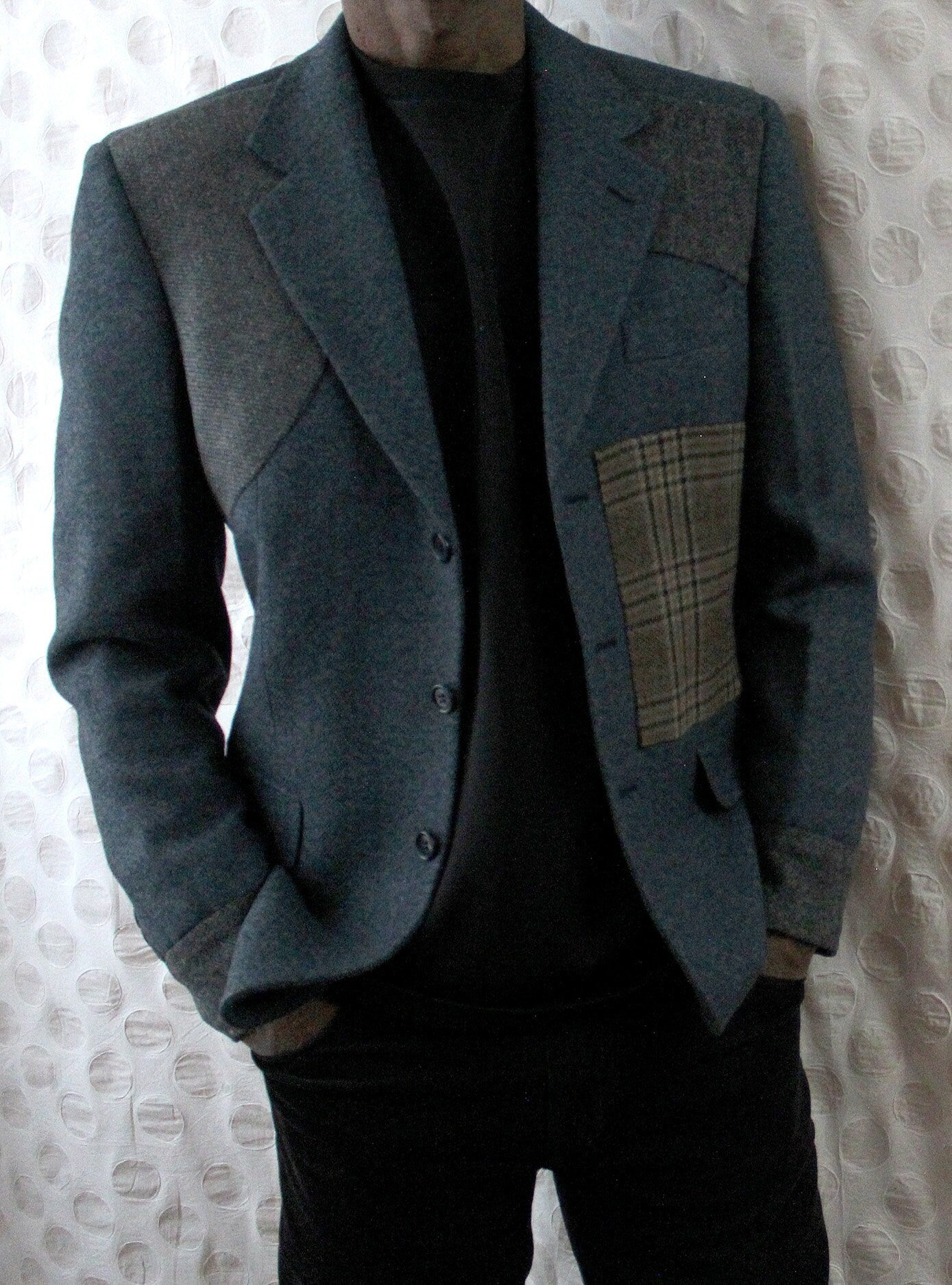 Cashmere Blazer, Men's pale blue wool jacket with cuffs, with applique, repurposed, one of a kind. All wool. Designer/tailor Wendel Johnston