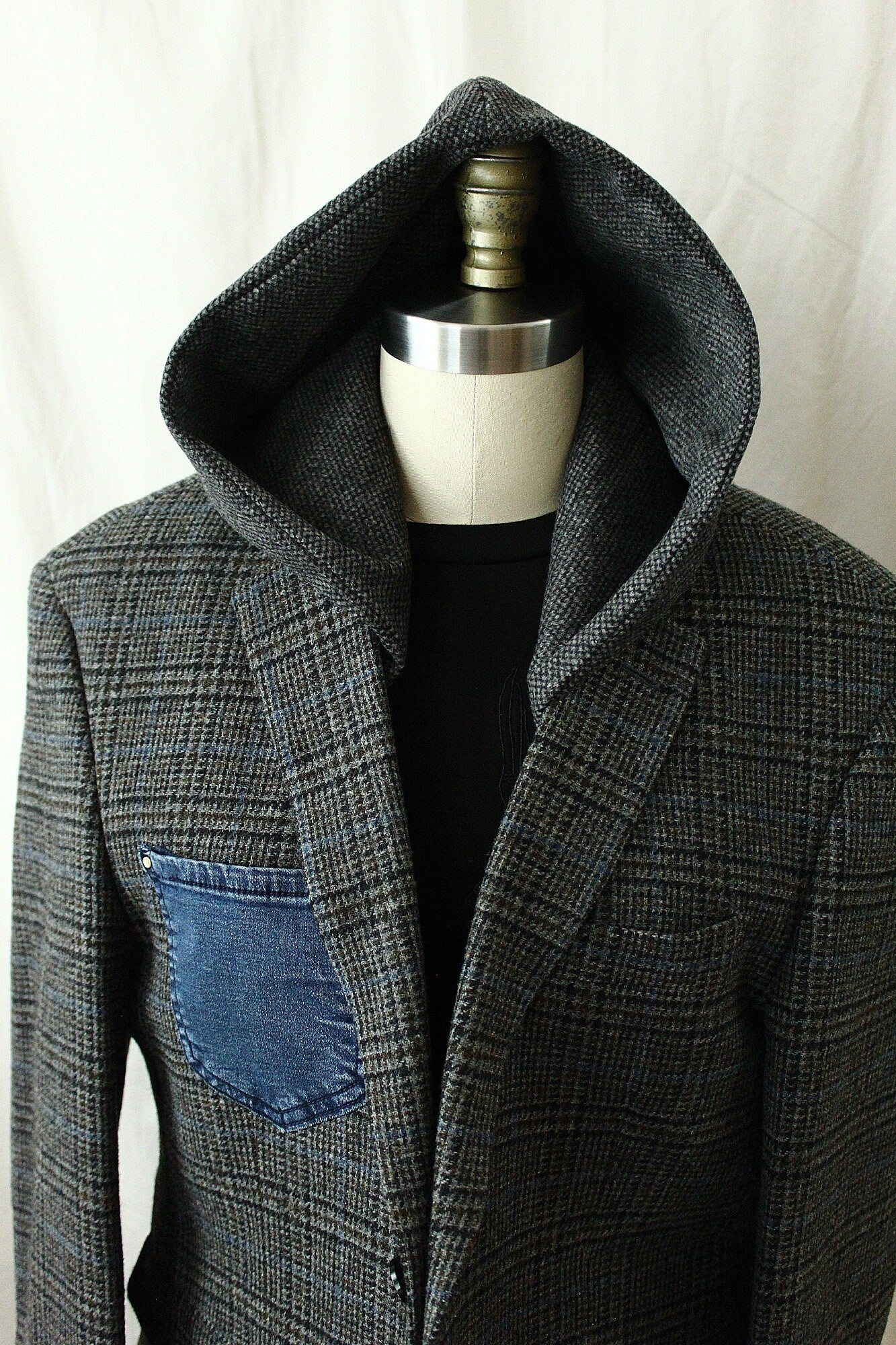 Jacket, plaid Grey wool Tweed Hooded Blazer with denim cuffs repurposed, one of a kind. Designed and tailored by Wendel Johnston.