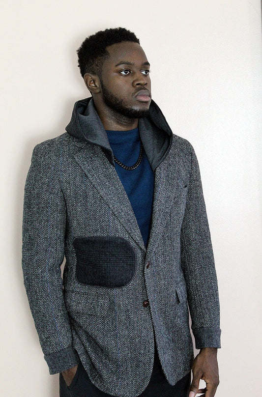 Jacket, Gray wool Tweed Hooded Blazer with wool cuffs, appliques, repurposed, one of a kind. Designed by Wendel Johnston.