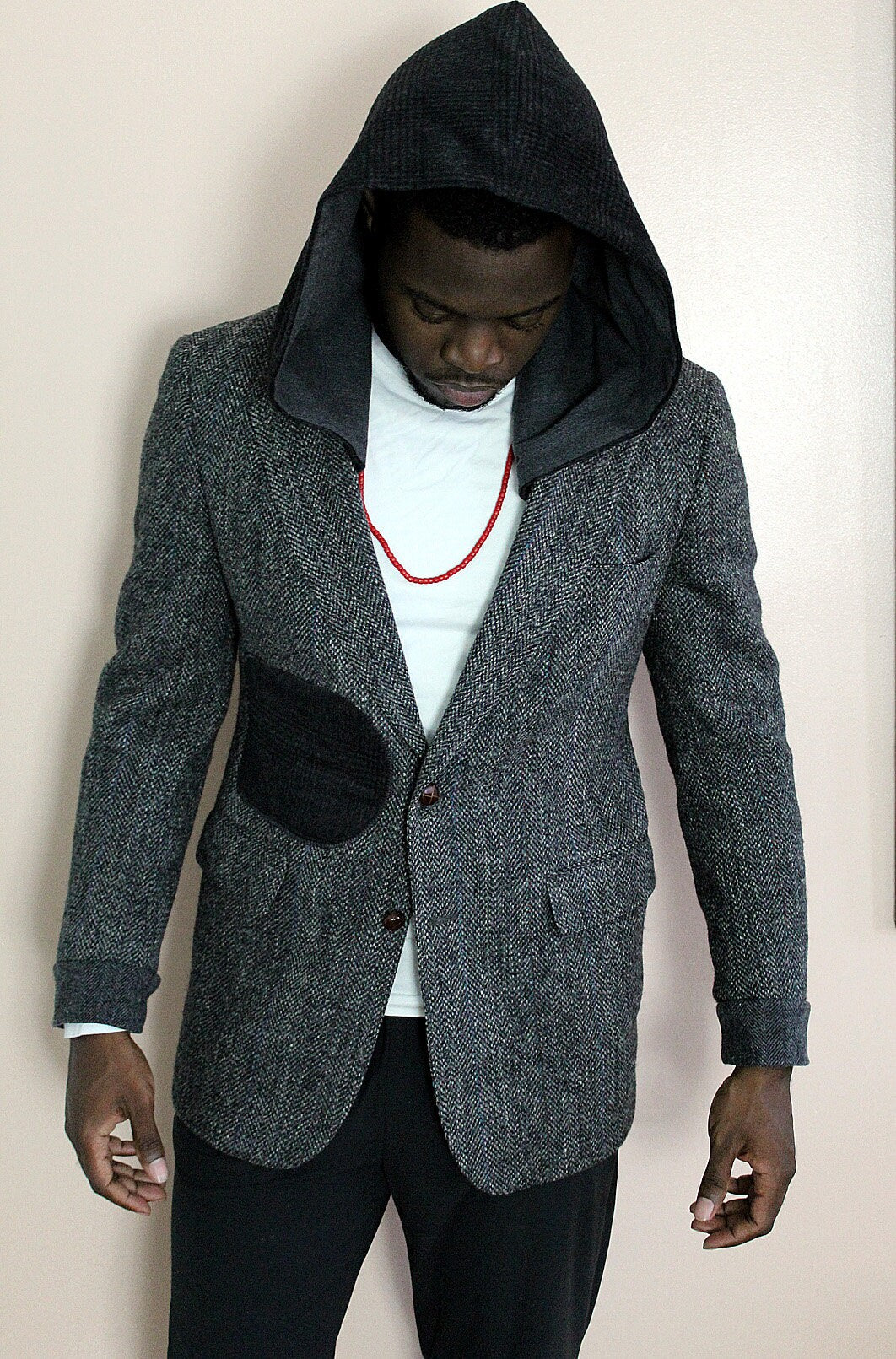 Jacket, Gray wool Tweed Hooded Blazer with wool cuffs, appliques, repurposed, one of a kind. Designed by Wendel Johnston.