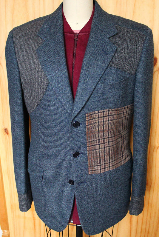 Cashmere Blazer, Men's pale blue wool jacket with cuffs, with applique, repurposed, one of a kind. All wool. Designer/tailor Wendel Johnston