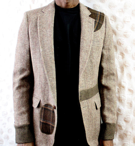 Jacket, Men's Beige wool Tweed Blazer with wool cuffs and plaid appliques repurposed, one of a kind. Designed by Wendel Johnston