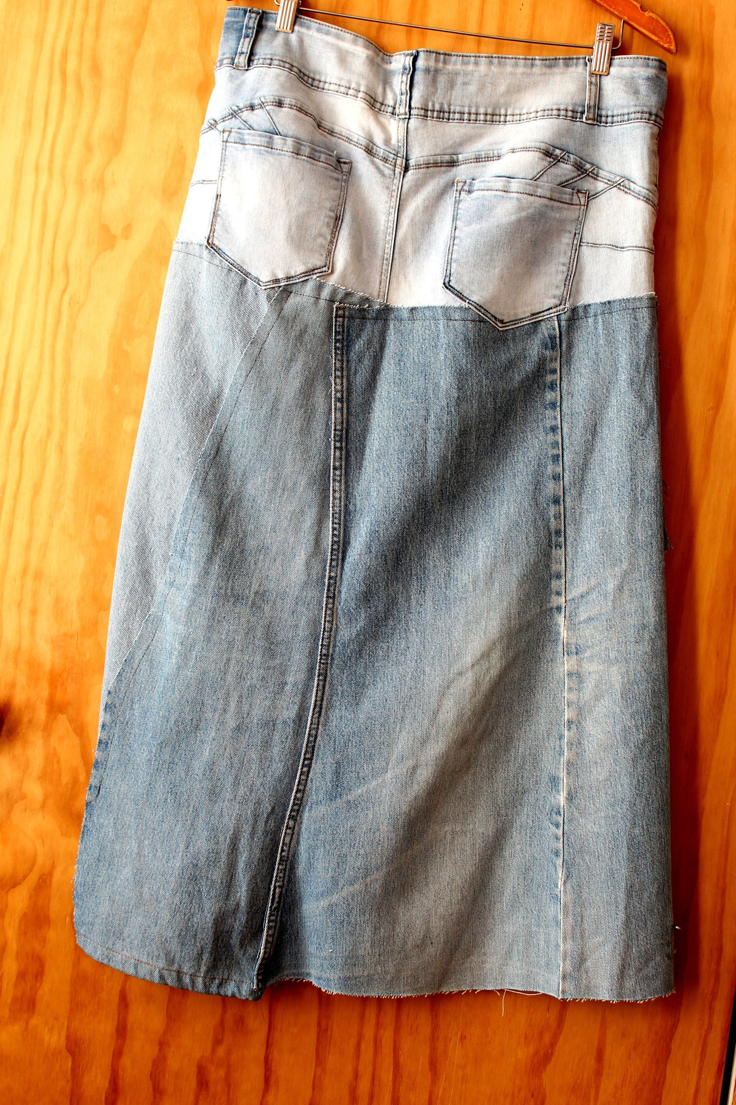 Upcycle denim slight stretch skirt with front split/ waist 34-37/ hip 44/ length 35/streetwear chic one of a kind/alterations can be made