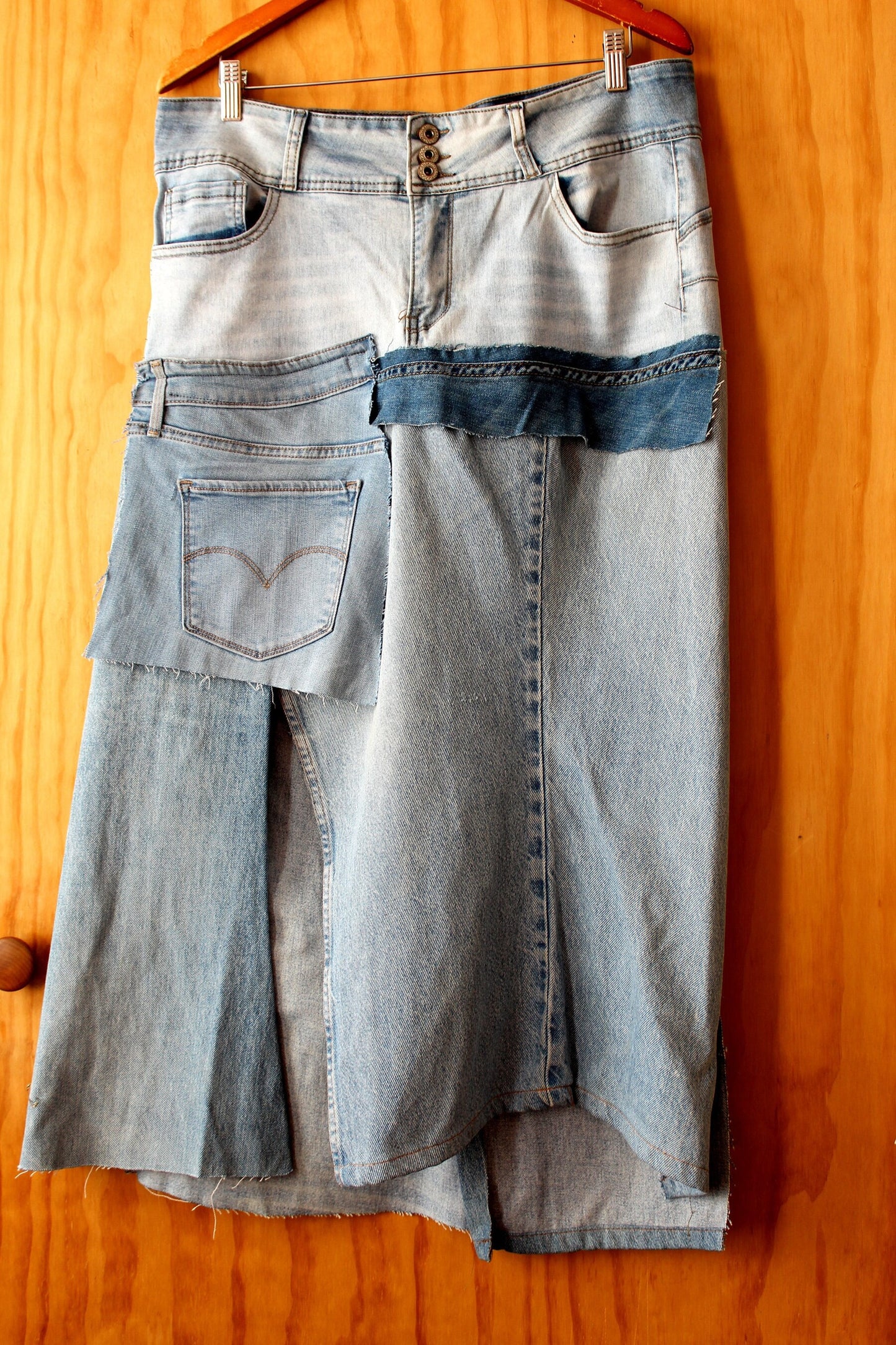 Upcycle denim slight stretch skirt with front split/ waist 34-37/ hip 44/ length 35/streetwear chic one of a kind/alterations can be made