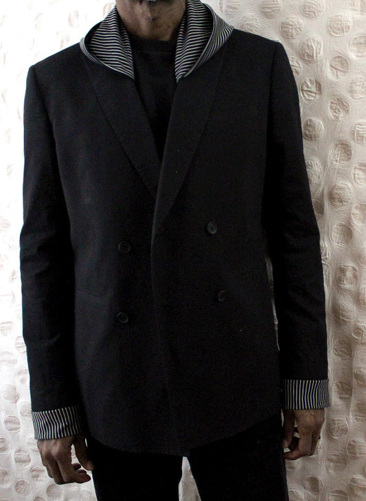 Jacket, Double breasted Black cotton poly Hooded Blazer with knitted cuffs and hood repurposed. Designed, tailored by Wendel Johnston