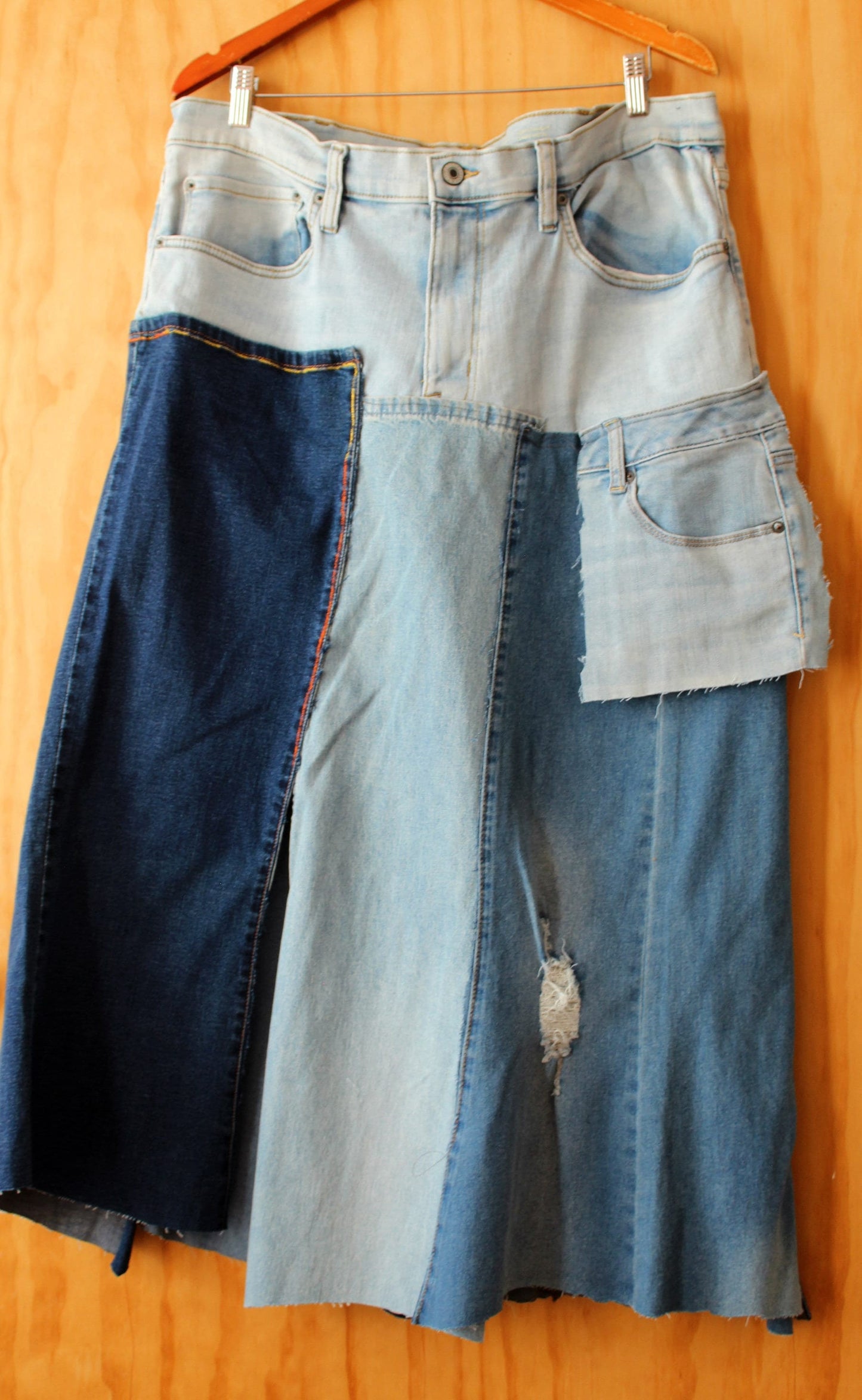 Prelove washed upcycle denim slight stretch skirt/ waist 40-43/ hip 46-49/ length 38/ streetwear chic one of a kind/alterations can be made