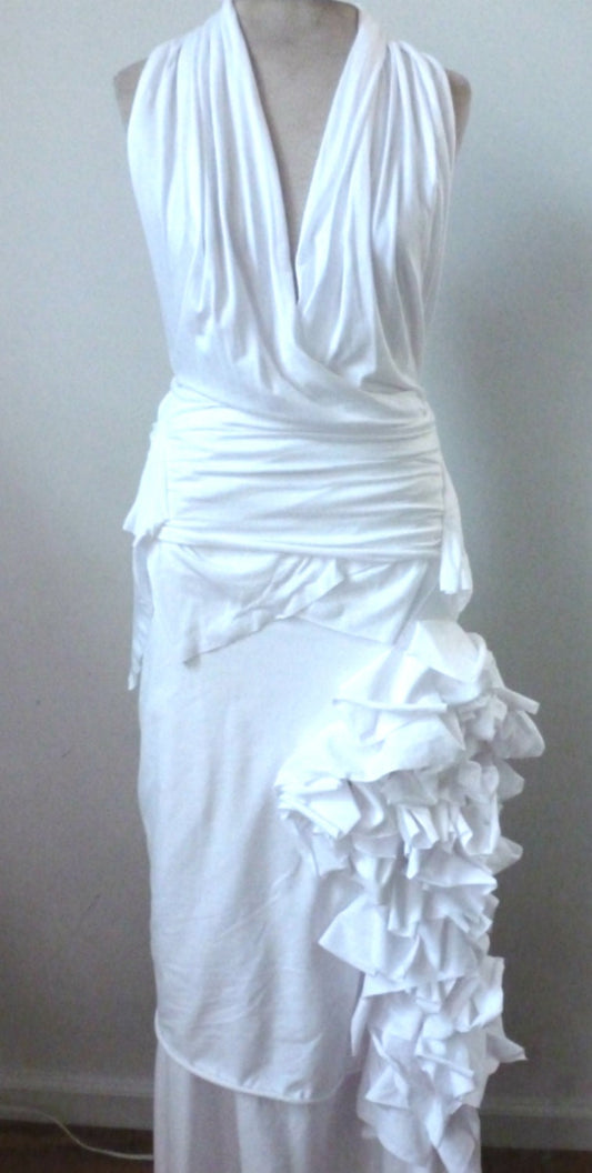 Cotton Lycra Halter wedding 2 piece/skirt with ruffles/bottom is doubled for support/ custom made by Cheryl Johnston/ raw edge one of a kind