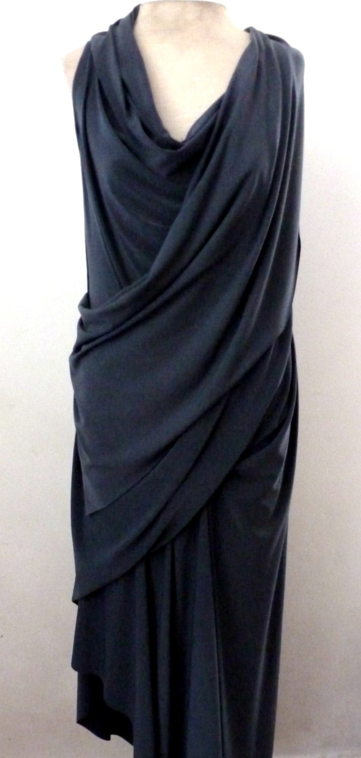 Gray sleeveless drape dress with cowl neck, ity jersey fabric, has illusion of a wrap dress, fabric has stretch, cruise wear, handmade