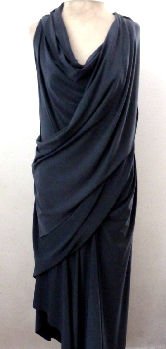 Gray sleeveless drape dress with cowl neck, ity jersey fabric, has illusion of a wrap dress, fabric has stretch, cruise wear, handmade
