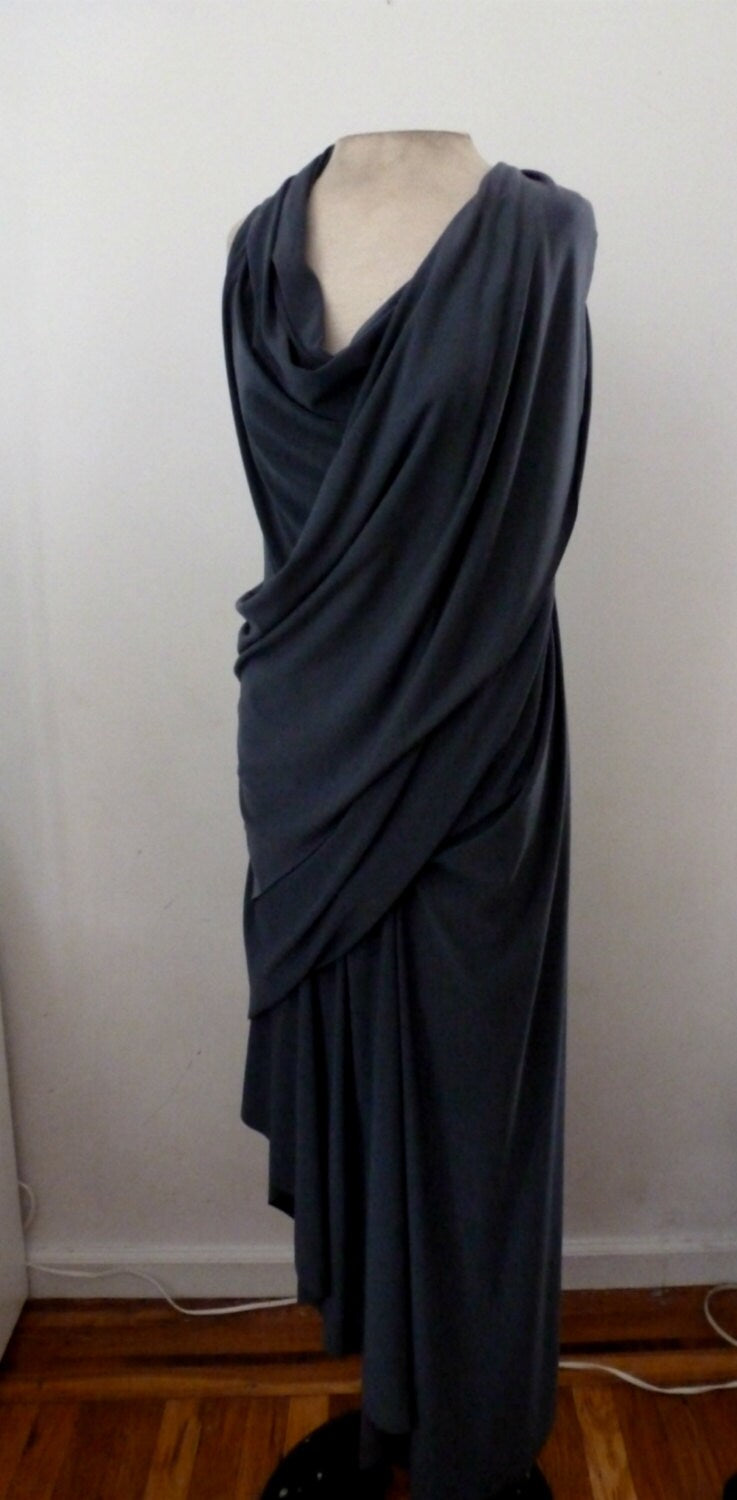 Gray sleeveless drape dress with cowl neck, ity jersey fabric, has illusion of a wrap dress, fabric has stretch, cruise wear, handmade
