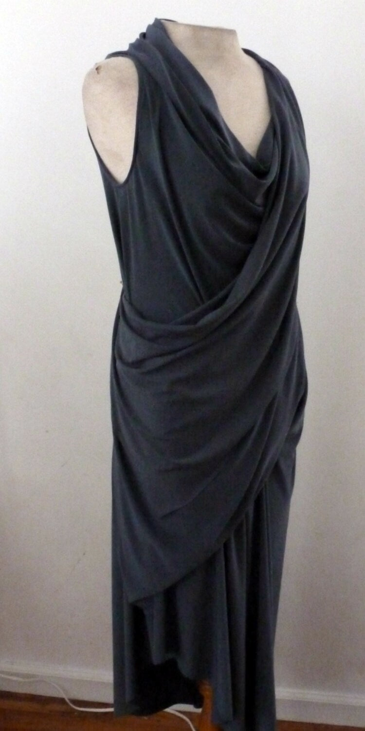 Gray sleeveless drape dress with cowl neck, ity jersey fabric, has illusion of a wrap dress, fabric has stretch, cruise wear, handmade