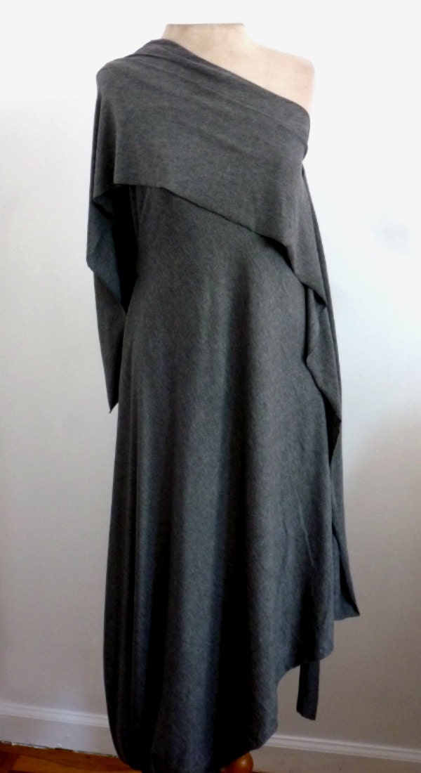 Hey there"Gray cotton lycra one shoulder dress with asymetrical drape back/chic comfortable fit