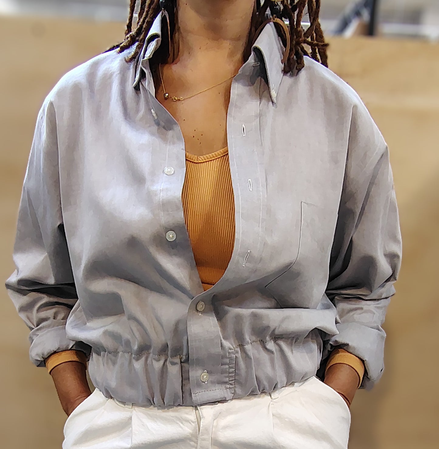 Cherry #2 Upcycled gray cropped button down shirt Unisex. Cotton fabric with 2 inch elastic insert waistband.