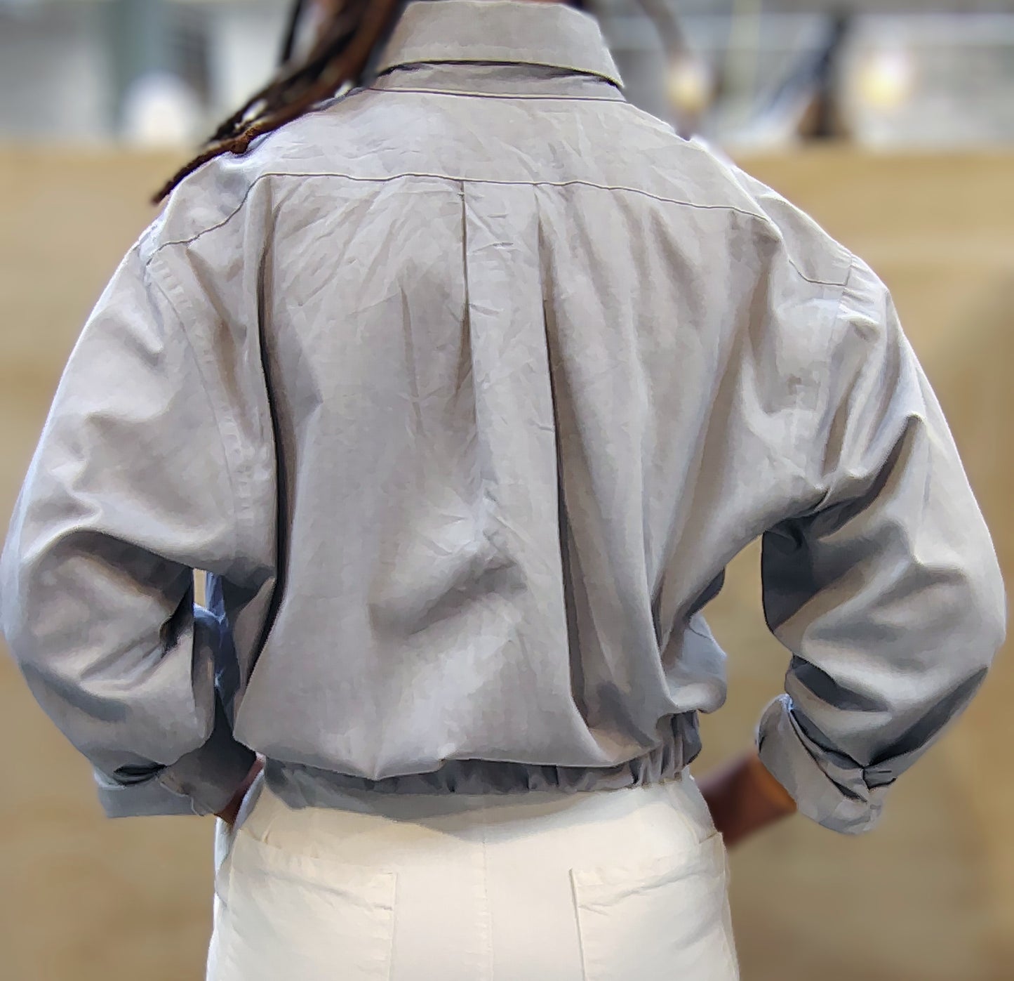 Cherry #2 Upcycled gray cropped button down shirt Unisex. Cotton fabric with 2 inch elastic insert waistband.