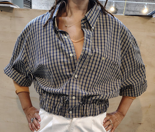 Blue / beige checks Upcycled cropped button down shirt Unisex. Cotton fabric with 2 inch elastic insert waistband.