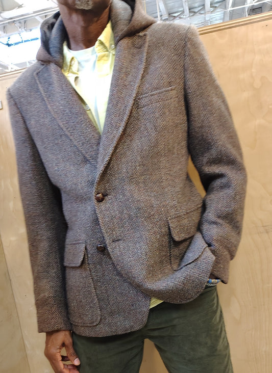 Medium brown hooded wool tweed blazer, Size 42 reworked jacket, wool hoodie with leather buttons, upcycled, repurposed, one of a kind. Designed by Wendel Johnston