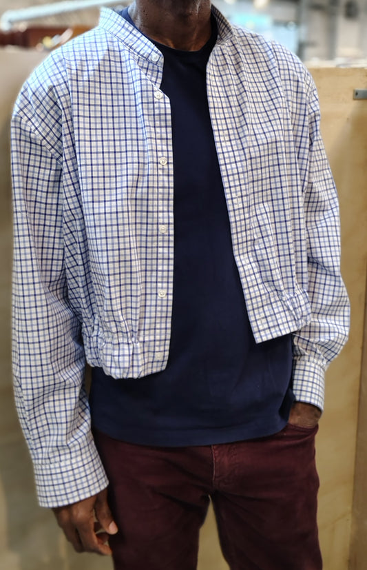 Checks #1 - Upcycled cropped button down shirt Unisex. Cotton fabric with 2 inch elastic insert waistband.